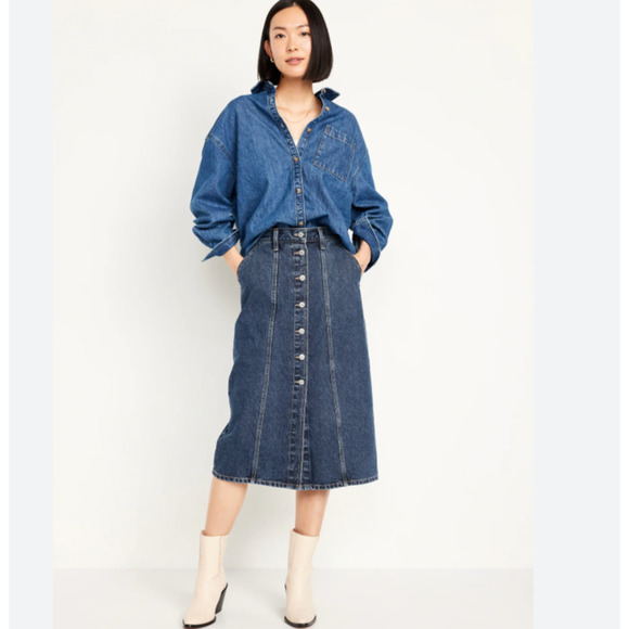 New Old Navy Denim Skirt Size 8 Button Front Midi Blue Jean High Waist - Picture 1 of 16